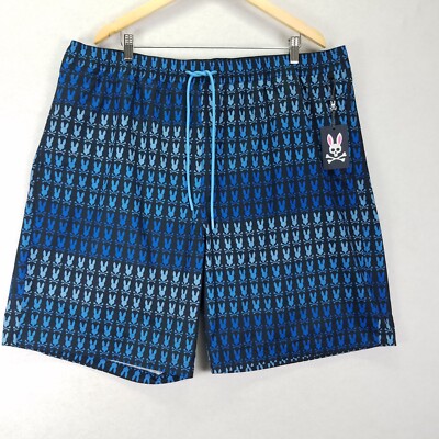 Psycho Bunny Barker All Over Print Swim Trunks Men Size XXL 2XL Blue Shorts