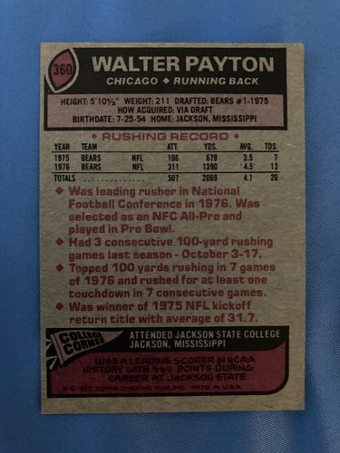 1977 Topps #360 Walter Payton Ex-Mt - Bild 2 von 2