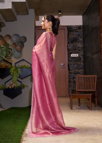 Elegant Beige Stone Hand Work Organza Saree For Women, Festive Wear Outfit, Sari - Picture 15 of 16