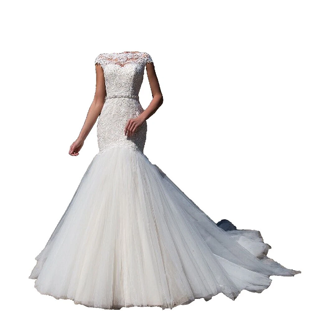 Sirena de tul y vestidos de novia de manga corta de Trompeta