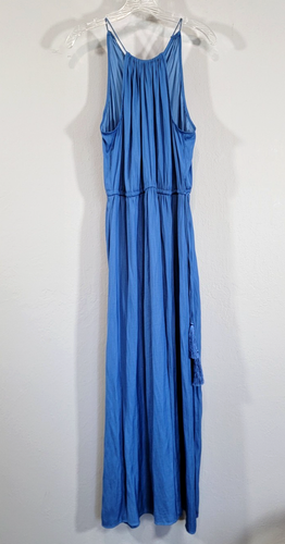 LOFT Maxi Halter Dress Blue Tassells Women Size M Stretch Waist - Picture 16 of 17