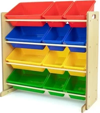 Natural/Primary Kids' Toy Storage Organizer with 12 Plastic Bins Anti-Tipping