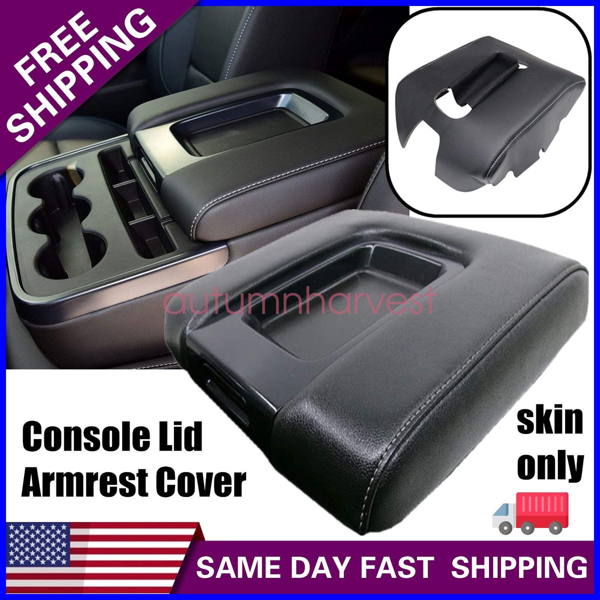 Center Console Lid Armrest PVC Leather For Chevrolet Silverado 14-19 Black - Foto 8