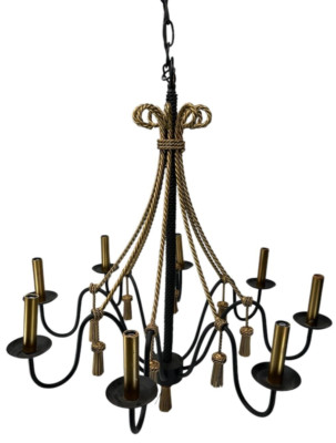 Kalco Lighting Italian 8 Light Black Gold Iron Twisted Rope Tasseled Chandelier