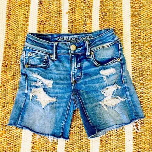 American Eagle MIDI denim jean shorts 00 stretch style distressed teen style