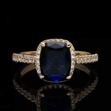 3.5Ct Cushion Lab-Created Blue Sapphire Halo Engagement Ring14K Yell Gold Plated