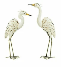 Snowy Egret Pair Garden Sculptures Statues Bird Yard Ibis Heron Crane - Set Of 2