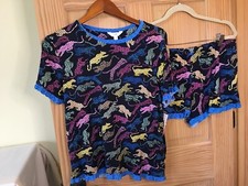 New Secret Treasures Womens Navy Cheetah Shorty Pajama set 2 pc Top Shorts Soft