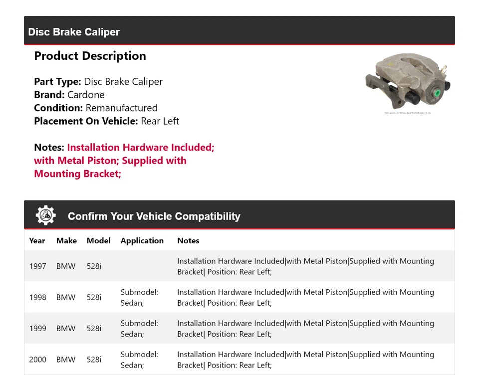 For 1997-2000 BMW 528i Disc Brake Caliper Rear Left Cardone 1998 1999 - Image 2 of 4