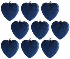 Large Navy Blue Glitter Heart Christmas Tree Baubles / Decorations (Set of 9)