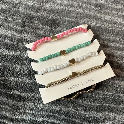 4pcs Heart Beaded Bracelet Womens Stackable Friendship Stretch Gold Tone Pink