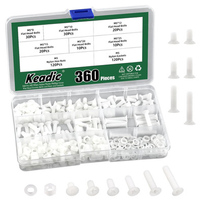 360Pcs M5 White Nylon Countersunk Machine Screws, Nylon Flat Head Machine Screws