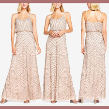 NEW 260 Adrianna Papell 10 Art Deco Beaded Blouson Gown in Taupe Pink M2