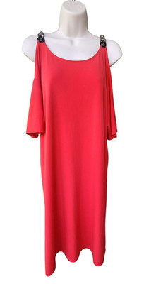 Red Michael Kors Women Cocktail Party Dress Large Chain Cold Shoulder Scoop Neck