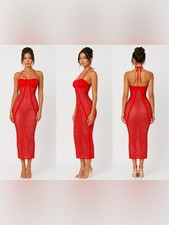 Wolford Red Net Ribs Halter Swim Dress Midi Bodycon Mesh NWT Luxury Cover-Up XS