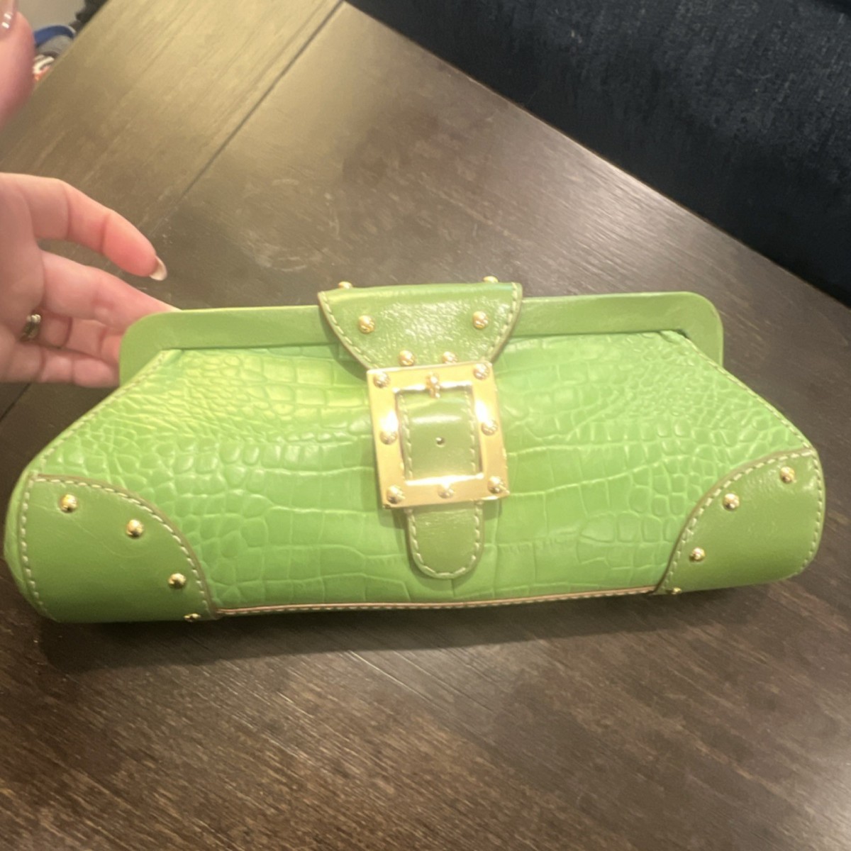 Michael Kors Green Crocodile Embossed Shoulder Bag Gold Hardware