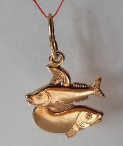 Antique Ukraine Gold Au 585 14k Vintage Pendant Fishes Suspension Zodiac Fish kt