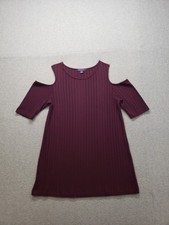 Roamans Women Mini Dress M Burgundy Ribbed Knit Off Shoulder A Line Round Neck
