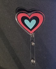 Fizzarolli Heart Inspired Badge Reel Handmade Helluva Boss Pink Teal Black