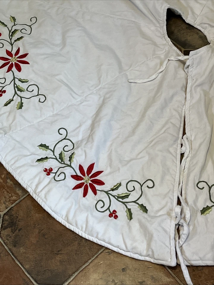 Large 77" White Pine Brand Embroidered Poinsetta & Holly Christmas Tree Skirt - Image 2 of 4