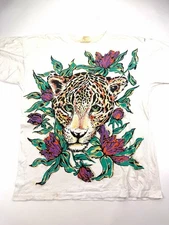 Vintage Jungle Leopard T Shirt Graphic Adult L Cream Made In USA Multicolor