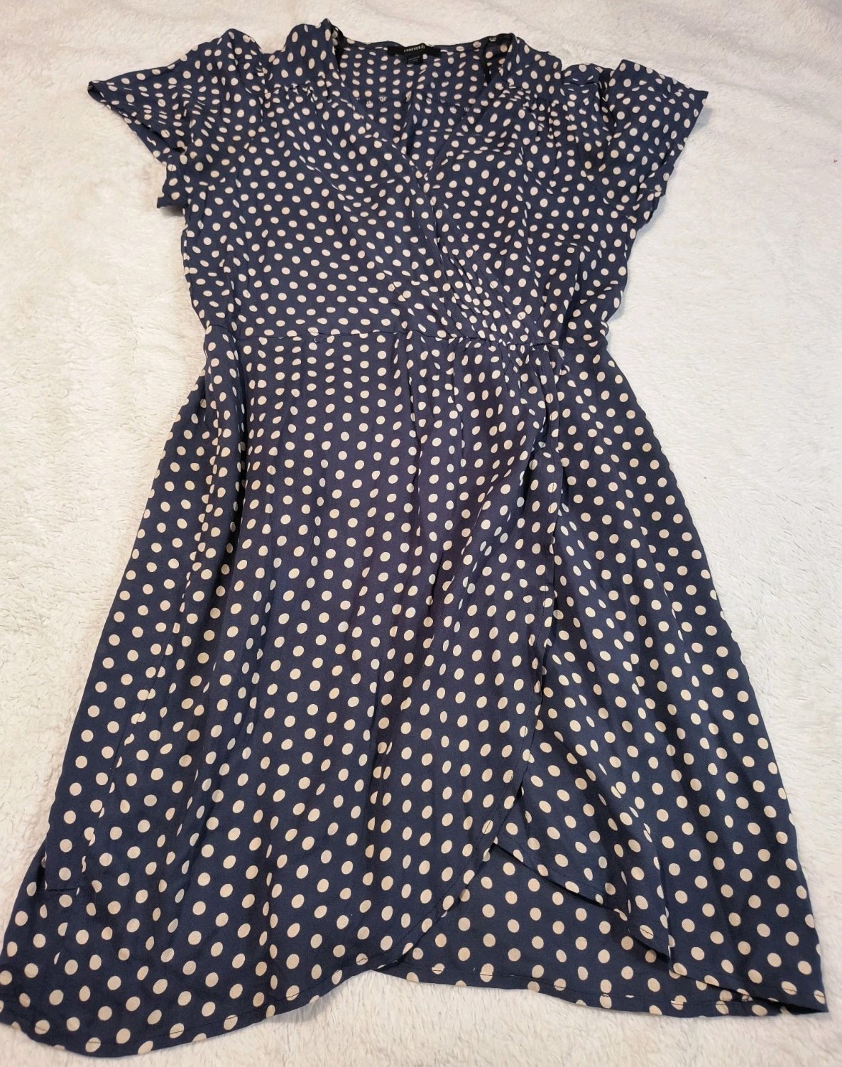 Forever 21 Polka Dot Wrap Dress Navy Blue White Size Large Short Sleeve Casual
