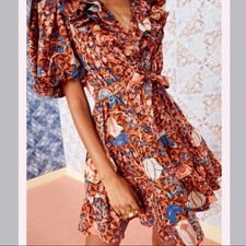 Ulla Johnson Maude Mini Wrap Dress Hibiscus Print Cotton Ruffle Boho 0