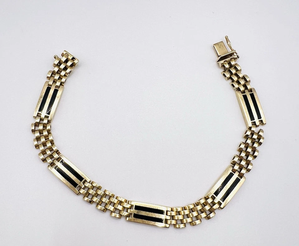 Pulseira masculina de ouro 14K com incrustação de ônix de duas fileiras 8,5 polegadas de comprimento peso 30 gramas - Imagem 4 de 4