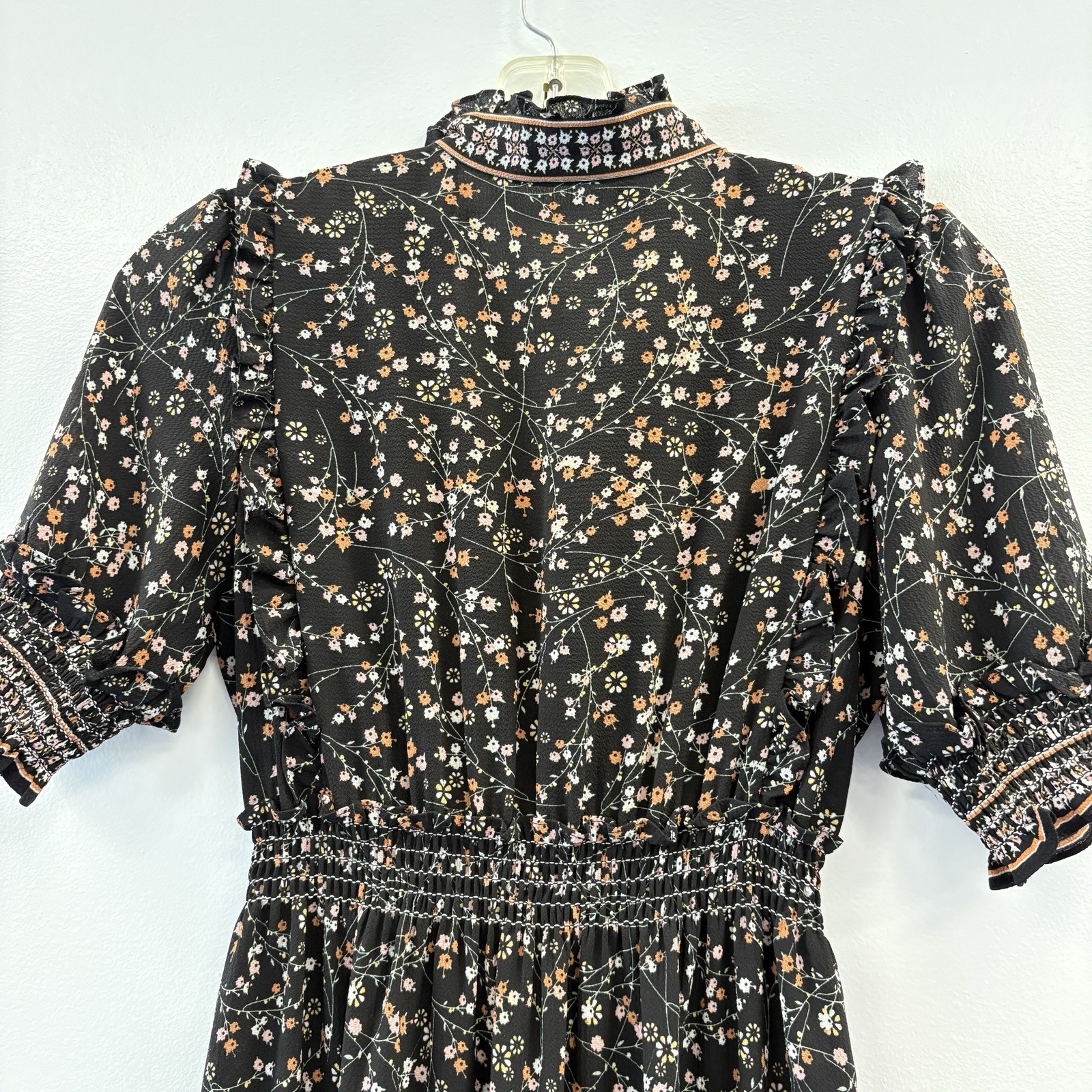 MAX STUDIO Peasant Tiered Long Dress Med Ruffle Neck Black Floral Smocked Waist