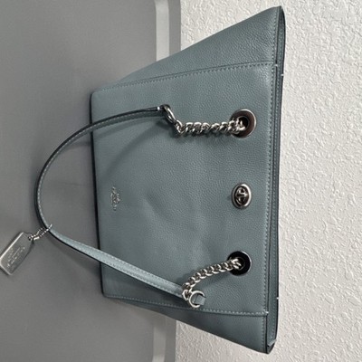 Coach Pebbled Leather Sage Chain Tote Silver Logo Shoulder Strap Women
