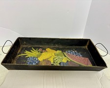 Antico vassoio porta attrezzi dipinto a mano con manici motivo frutta firmato vi