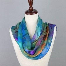 Hand-Painted Silk Scarf: Blue, Orange Purple Devore Satin 13" x 68"