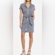 LDT Courtney Zip Front Gingham Check Shirt Dress Navy White Tie Front 4 Small