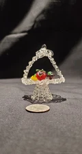 Vintage Spun Glass FRUIT BASKET w/ FRUIT Hand Blown Clear Glass Base - Apple