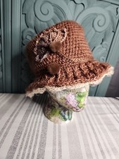 Handmade Brown Crocheted Cloche/Bucket Hat  Ruffled Brim Crochet Floral Pompoms