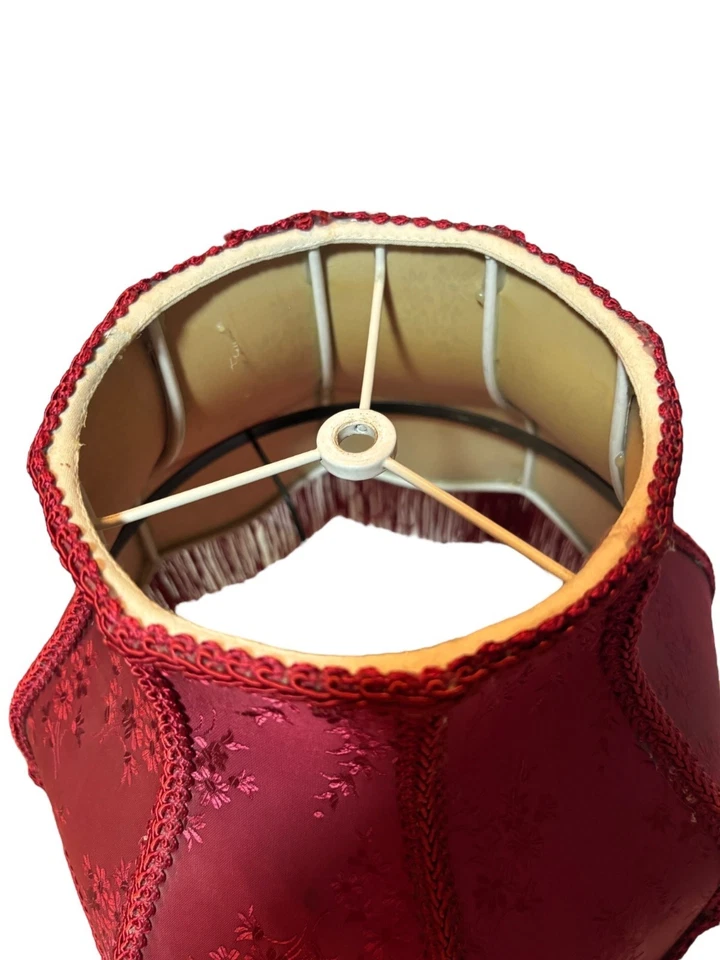 Vintage Burgundy Fabric Bell Shape Lampshade With Floral Pattern & Fringe Detail - Image 4 of 4