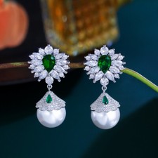 Silver Plated CZ Crystal Leaf Flower Green Drop Pearl Summer Dangle Earrings
