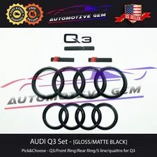 AUDI Q3 Emblem BLACK Front Grille Rear Trunk Ring S Line Quattro Badge Set 2015+
