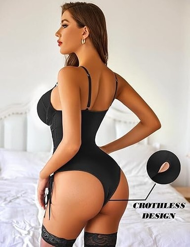 Avidlove Black Lingerie Corset Bodysuit Women Teddy Bodydoll Satin Lingerie, XXL - Picture 5 of 7