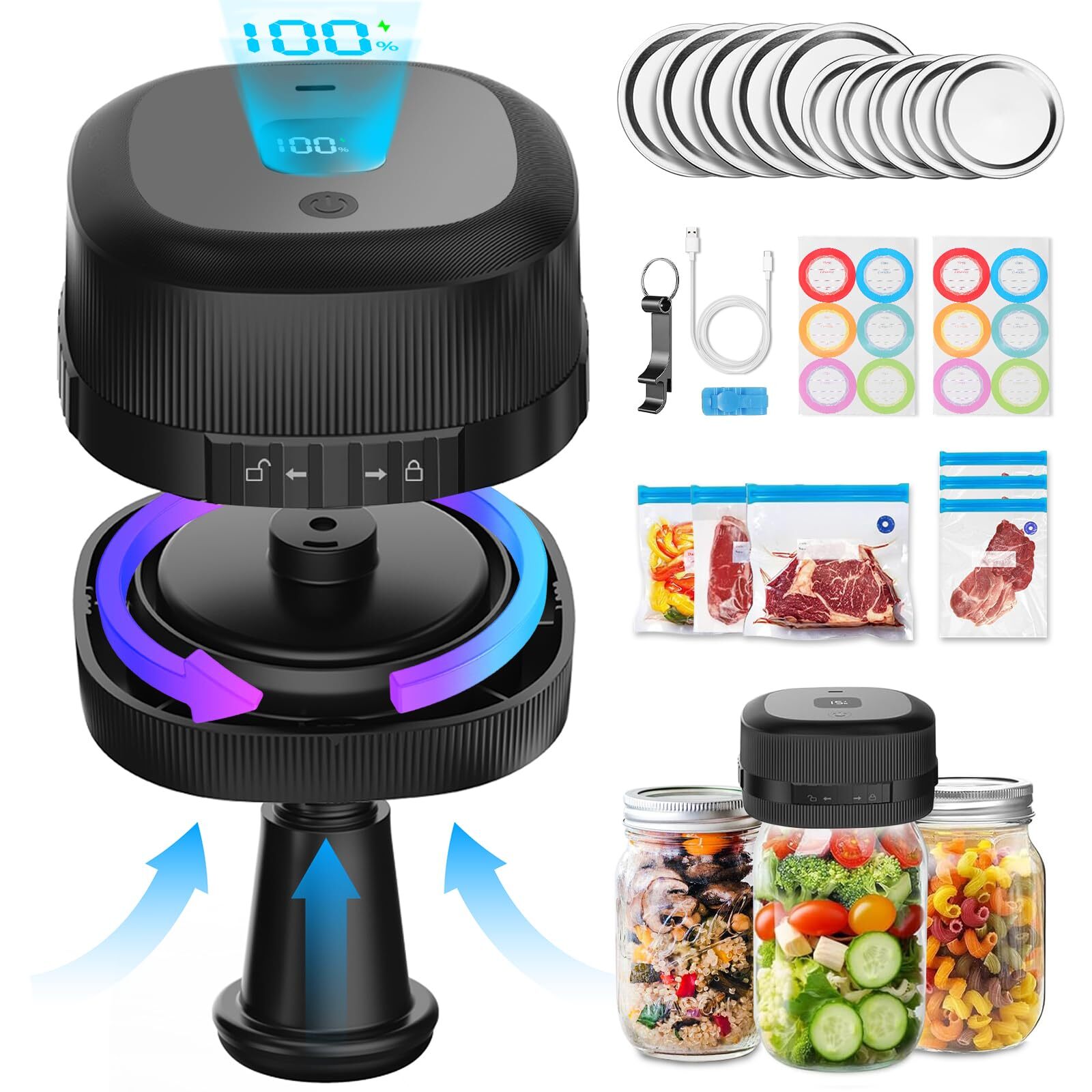 Mason Jar Vacuum Sealer Kit, Upgraded 3-in-1 Electric Jar Sealer for Regular ...