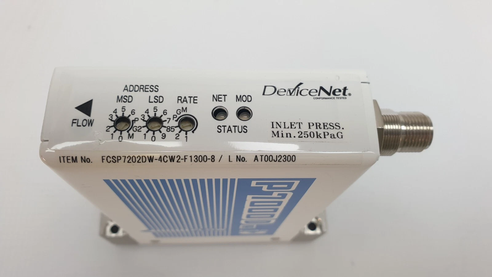 Item label FCSP7202DW-4CW2-F1300-8 with DeviceNet address, rate switches and 250 kPaG inlet marking