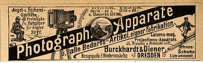 Burckhardt & Diener Dresden Photograph. Apparate Kameras Histor. Reklame v.1899