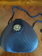 Vintage SASHA Pleated Navy Blue Satin Clutch/Shoulder Purse Rhinestones 7" x 6"