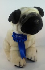 FAO Schwarz Pug 10 inch Plush Stuffed Dog Blue Ribbon Brass Button Tan Black