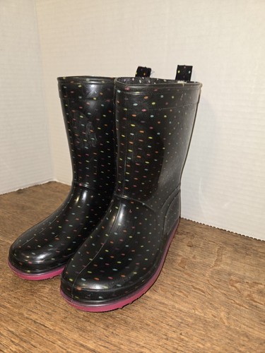 Girls Rain Boots Sz 10 Black W/ Multi Color Polka Dots VERY Clean. - Picture 3 of 5