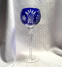 AJKA MARTISA WINE GLASS CASED COBALT BLUE CUT TO CLEAR CRYSTAL HUNGARY BOHEMIAN