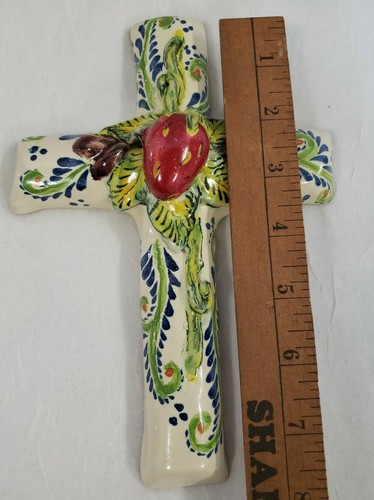 Handcrafted Cross Crucifix Religous 3D Heart Vtg Ceramic Glazed Mexican Pottery - Picture 9 of 11