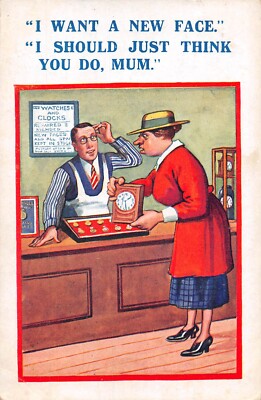 POSTKARTE COMIC UHR LADEN ALTES LIEBES NEUES ZIFFERBLATT BENÖTIGT