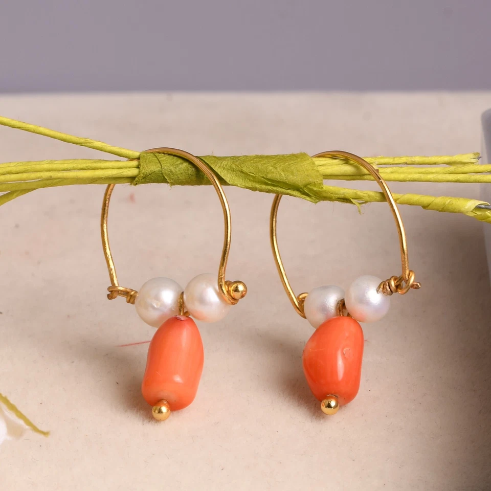 Pendiente de aro hecho a mano con perlas y corales cultivados de doble piedra regalo para mejor amigo Foto 4 de 4