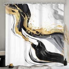 Black White Gold Marble Shower Curtain 72Wx72H Inch Abstract Modern Luxury